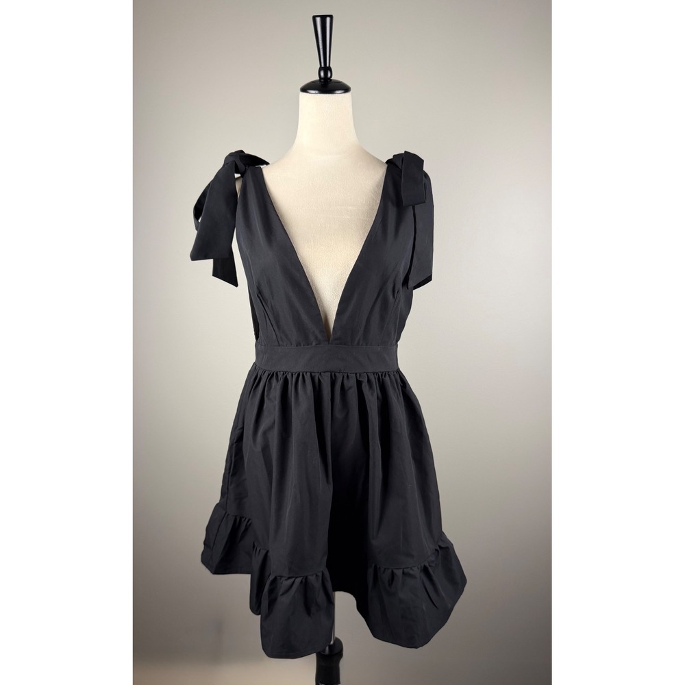 SHEIN Mini Dress Women Petite M Black Excellent Tie‎ Shoulder Deep V Ruffle Hem